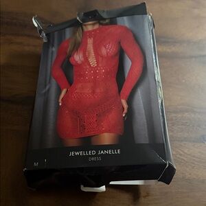 Jewelled Janelle Red Sheer Knit Dress